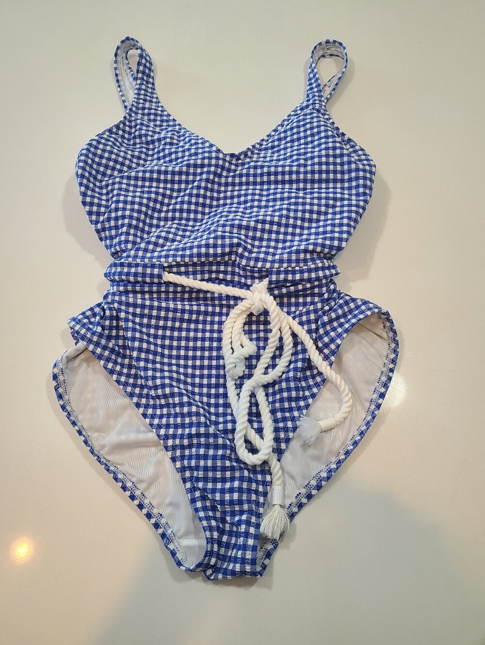 Loft Beach Blue Gingham One-Piece Swimsuit with Rope Belt in Size Medium